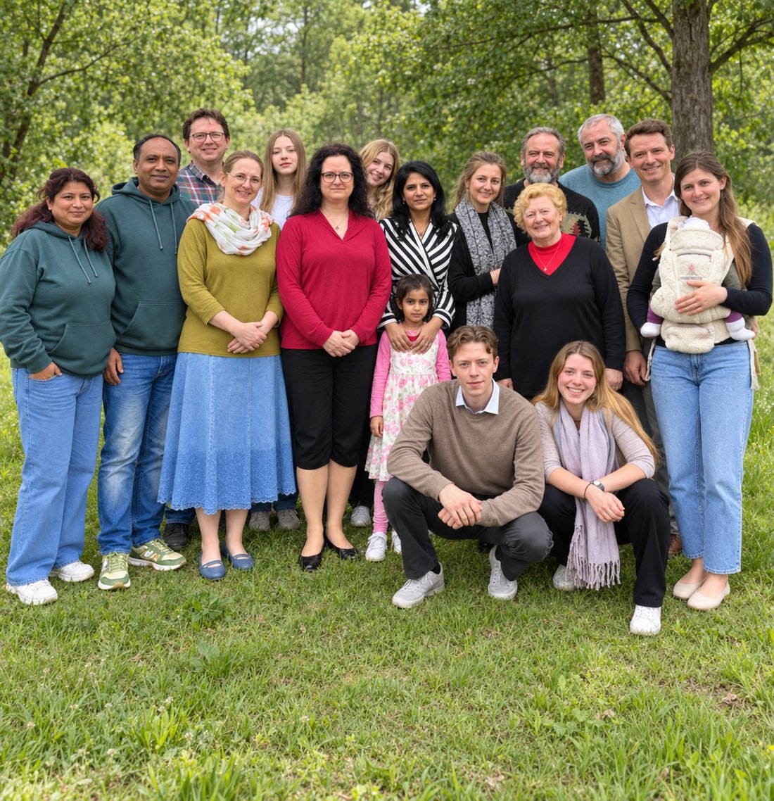 Gruppenbild: Menschen aus der Gemeinde stehen zusammen im Grünen